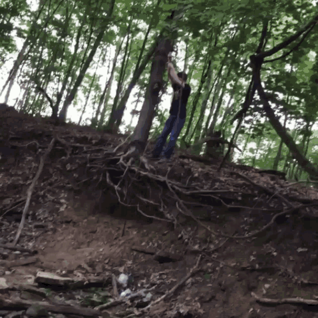 a person standing on a hill in the woods with a rope around their neck