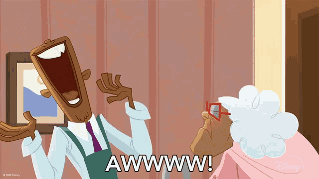 a cartoon of a man and an elderly woman laughing with the caption awww