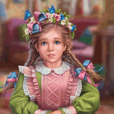 a painting of a little girl wearing a floral headband