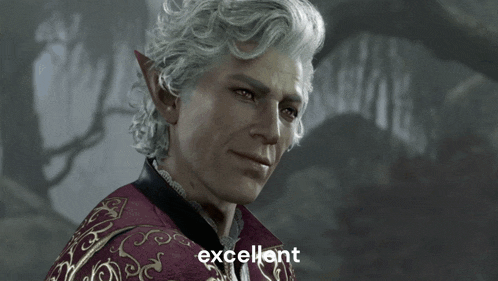 a video game character says excellent in front of a dark forest