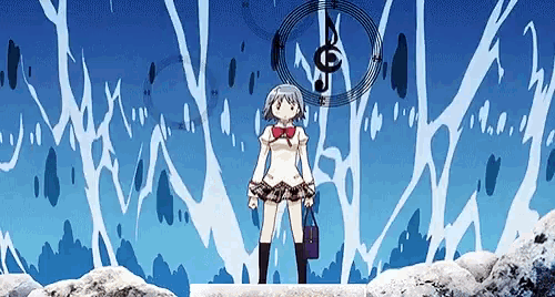 a girl in a school uniform is standing in front of a clock with a treble clef on it