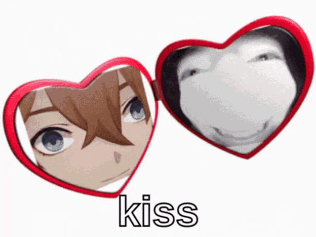 a heart shaped mirror with a picture of a person and the word kiss written on it