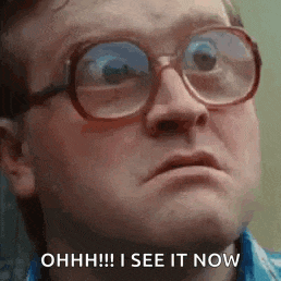 a man wearing glasses is making a funny face and says `` ohhh ! i see it now '' .