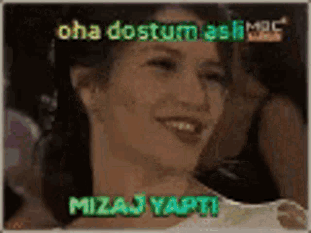 a woman in a white dress is smiling with the words mizaj yapti written on the bottom