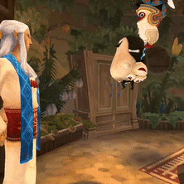 a cartoon character is hanging upside down in a room with plants