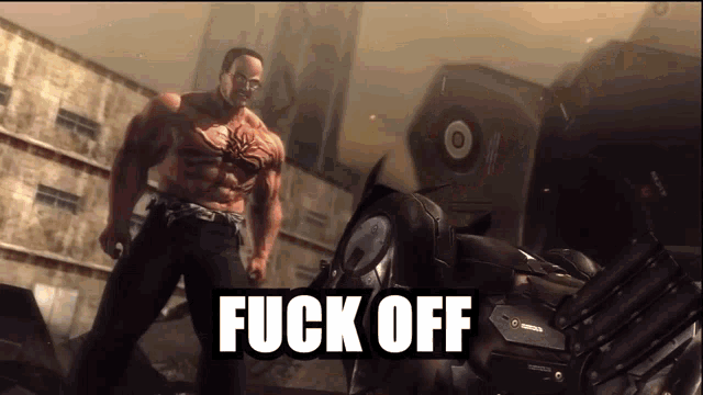 a video game screen shows a man standing next to a machine that says " fuck off "