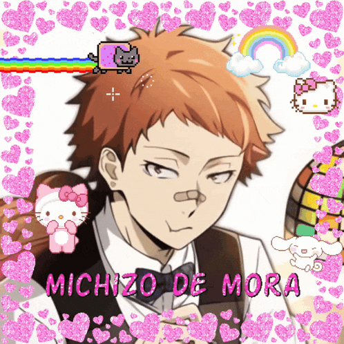 a picture of michizo de mora is surrounded by pink hearts and hello kitty