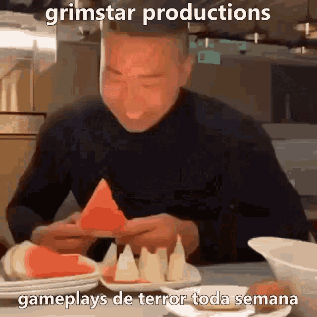 a man is eating a slice of watermelon with a caption that says grimstar productions