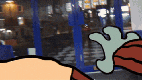 a cartoon drawing of a hand reaching out towards a blue door