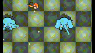 a cartoon of two elephants standing next to each other on a checkered background .