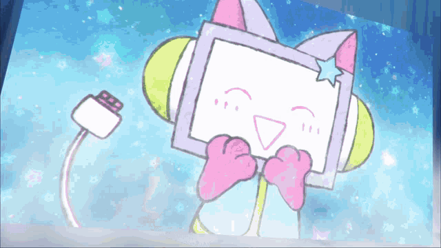 a cartoon drawing of a cat with headphones and a star on its head