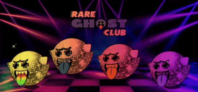 a poster for the rare ghost club with four disco balls on a checkered floor