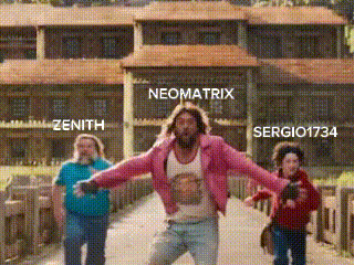 a man in a pink jacket is dancing in front of a building with the words neomatrix zenith and sergio1734 on it