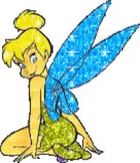 tinkerbell is sitting on the ground with blue wings and a green dress .