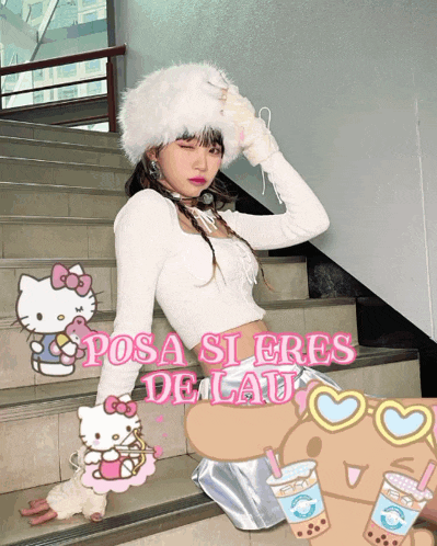 a girl is sitting on a set of stairs with the words posa si eres de lau