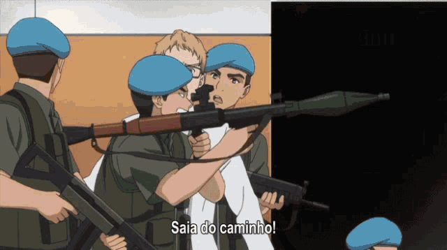 a group of soldiers are holding guns and one of them is saying " saia do caminho "