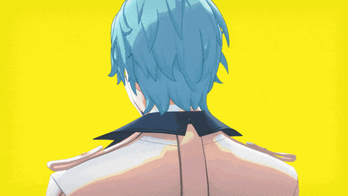 a cartoon character with blue hair and a white jacket