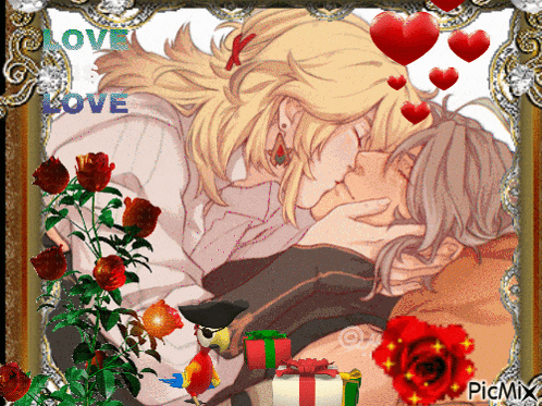 a picture of a man and a woman kissing with the words love love written on the bottom
