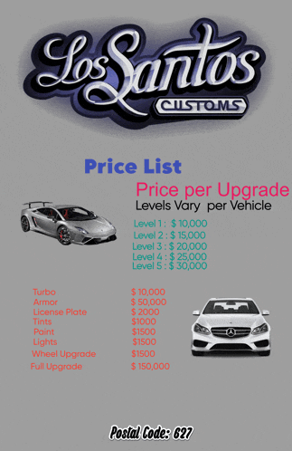 a poster for los santos customs shows the price list