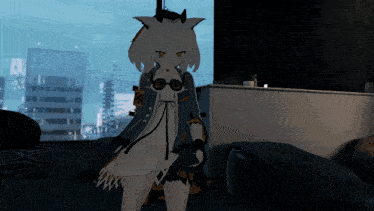 a cartoon character with horns and glasses is standing in front of a window