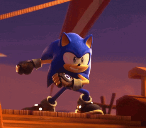 sonic the hedgehog is standing on a wooden dock