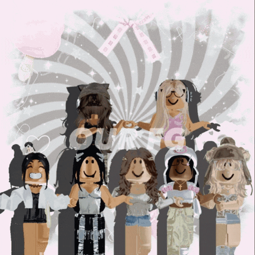 a group of girls standing next to each other with the word ou on the bottom