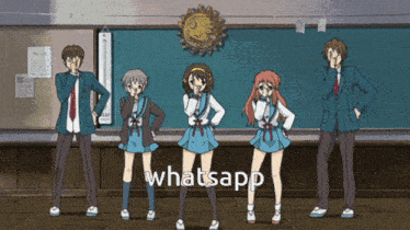 a group of anime characters are standing in front of a chalkboard with the word whatsapp on the bottom