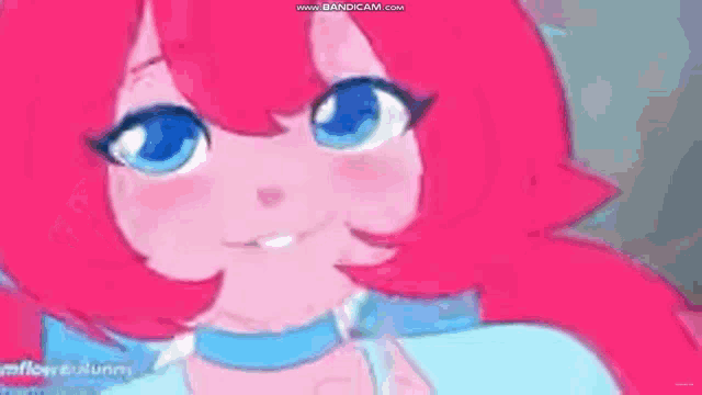 a close up of a pink anime girl with her eyes closed and a blue background .