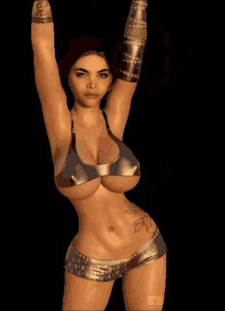 a woman with a tattoo on her stomach is wearing a bikini and gloves