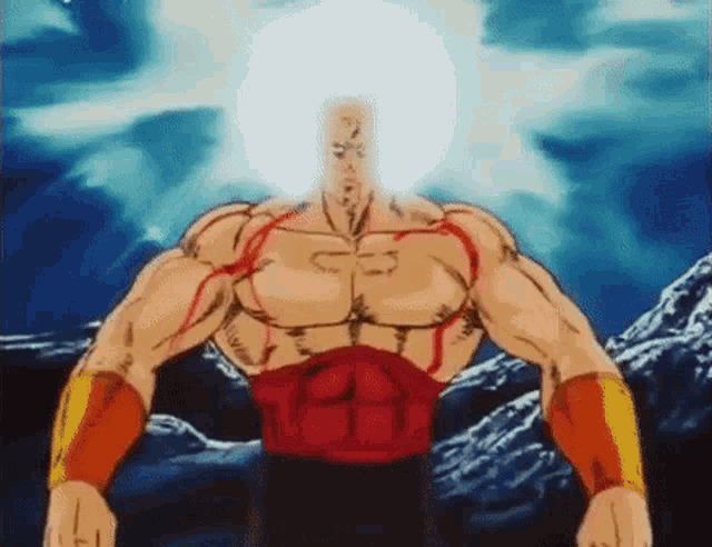 a cartoon character with a light coming out of his head is standing in front of mountains .