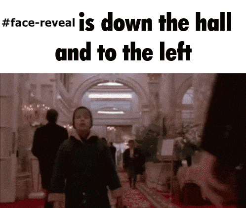 a picture of a person walking down a hallway with the caption # face-reveal is down the hall and to the left