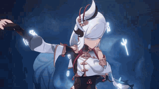 a girl with long white hair is standing in a dark room with a blue background .