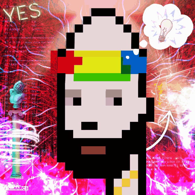 a pixel art of a person with the word yes written on the top