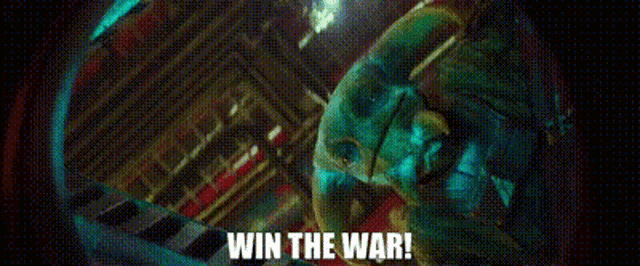 a cartoon character is standing in a dark room with the words `` win the war '' written on it .