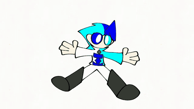 a cartoon drawing of a boy with blue hair and a white shirt