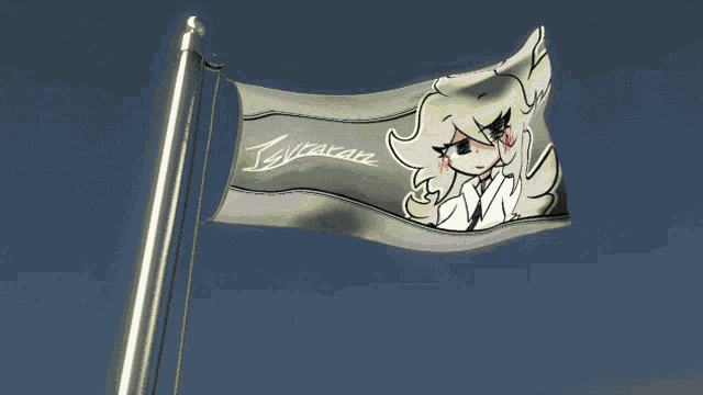 a white flag with a drawing of a girl and the name zycaran written on it