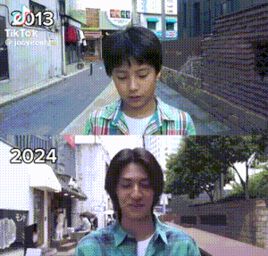a young boy is standing on a street in 2013 and 2024