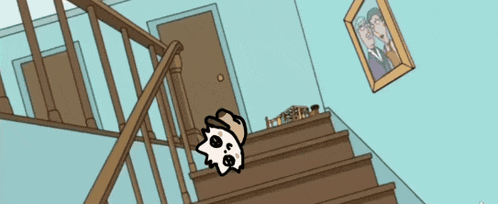 a cartoon drawing of a staircase with a picture of a couple hanging on the wall