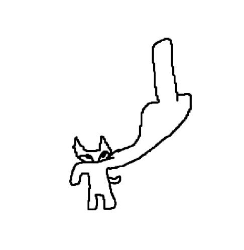 a black and white drawing of a cat holding a finger up .