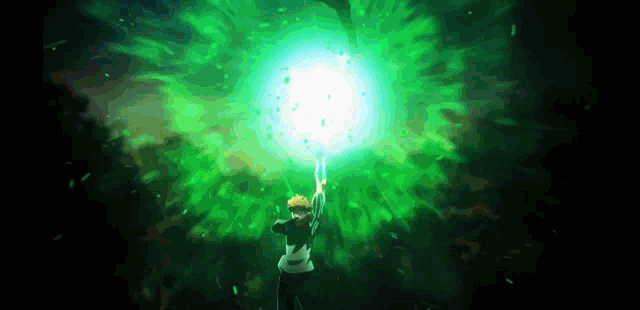 a person holding a sword in front of a green light