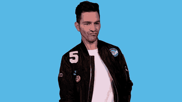 a man wearing a black jacket with the number 5 on the back