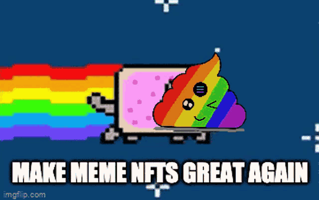 a pixel art of a rainbow colored poop with the words make meme nfts great again