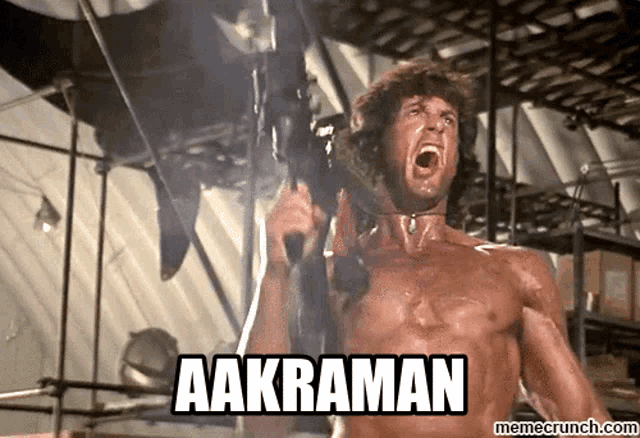 a shirtless man is holding a gun with the word aakraman written below him