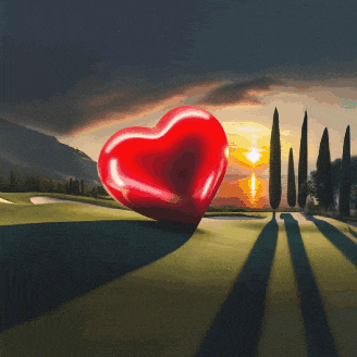 a red heart shaped object is sitting on a green field