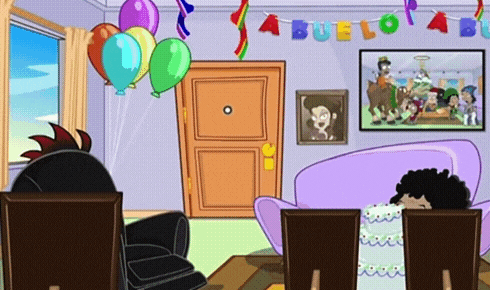 a cartoon drawing of a living room with balloons and a banner that says abuela