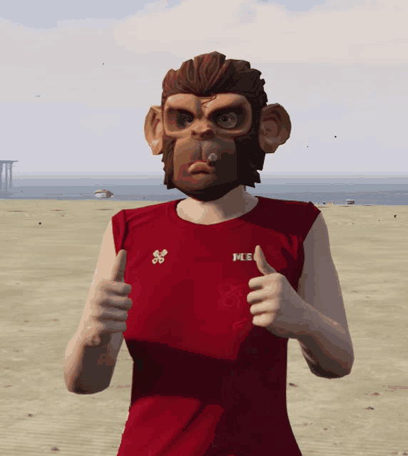 a person wearing a monkey mask and a red shirt that says mei gives a thumbs up
