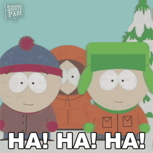 a group of cartoon characters from south park are standing next to each other .
