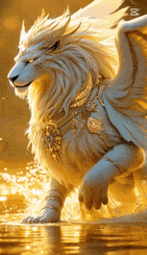 a white lion with gold wings and a crown on its head