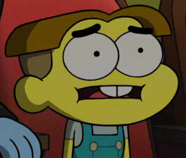 a close up of a cartoon character 's face with a surprised look on his face .
