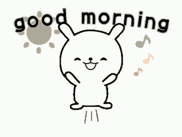 a drawing of a bunny saying good morning with a sun in the background